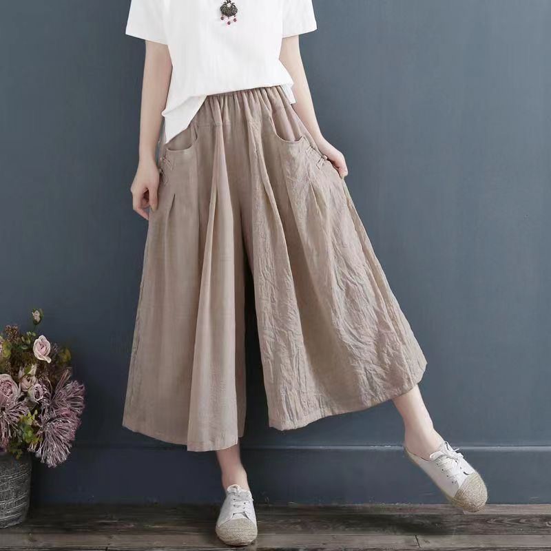 复古棉麻盘扣大码宽松阔腿裤女