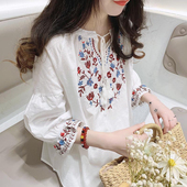重工刺绣宽松娃娃衫 文艺灯笼袖 薄款 女2023夏季 上衣女 棉麻T恤衬衫