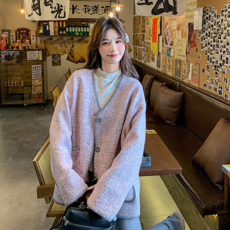 高级贵气感紫色小香风毛呢外套女秋冬超火好看漂亮加厚短夹克上衣,女装短外套,2C007