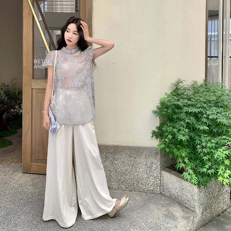 新中式国风套装女夏新款清冷感显瘦蕾丝提花旗袍上衣阔腿裤两件套,女装套装/套裙,2C007