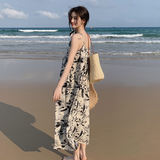 新中式国风水墨画碎花连衣裙女夏季2025新款设计感小个子吊带裙子，女装连衣裙，2C007