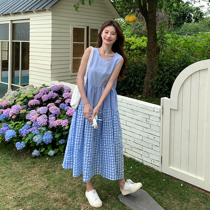 韩版盐系减龄格纹拼接连衣裙女2025夏季新款法式宽松显瘦背心长裙,女装连衣裙,2C007