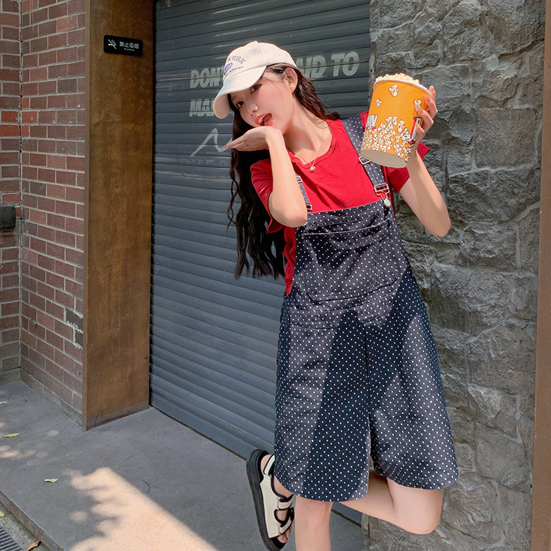 韩版显瘦波点背带裤女夏季2025新款可盐可甜通勤百搭T恤短裤,女装连体裤,2C007