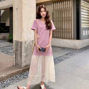 夏季新款宽松显瘦裙子2025法式气质v领蕾丝花边拼接短袖连衣裙女图片