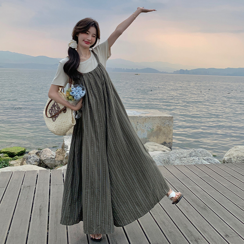 慵懒风条纹背带裤女2025夏季新款韩版宽松减龄休闲百搭连体阔腿裤，女装连体裤，2C007