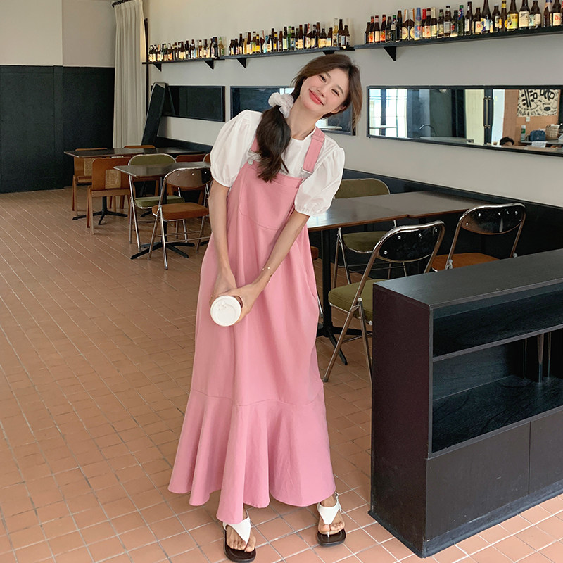 韩版学院风粉色背带牛仔套装女2025夏季新款温柔风甜美长裙两件套,女装连衣裙,2C007