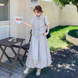 时尚洋气学院风工装马甲套装女夏季新款显瘦t恤蓬蓬半身裙三件套，女装套装/套裙，2C007