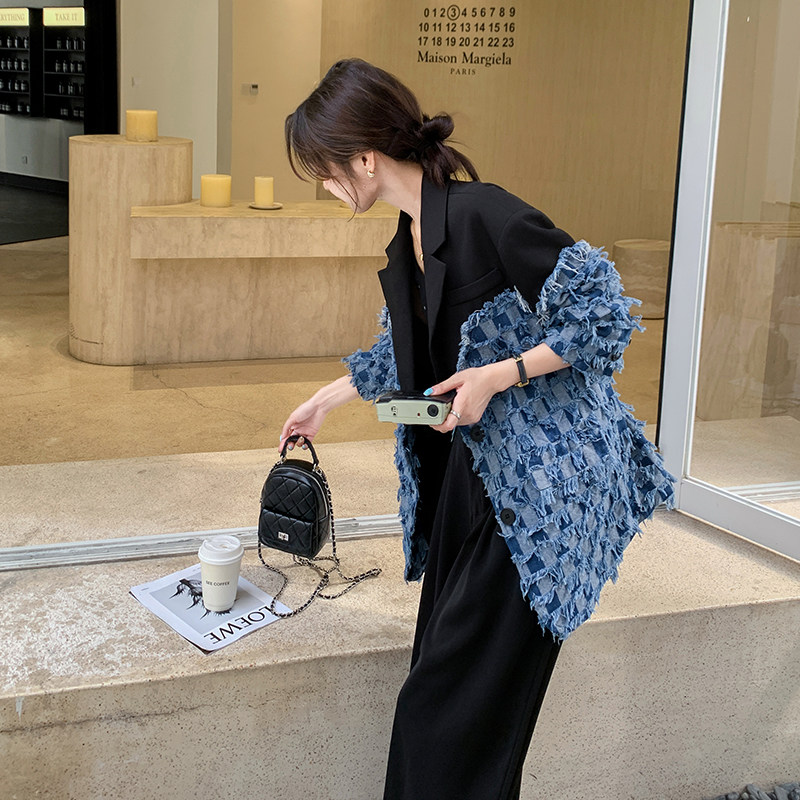 牛仔拼接西装外套女秋季2025新款气质小众高级感棋盘格流苏西服,女装西装,2C007