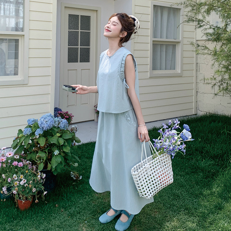 蓝色木耳边马甲套装裙女2025夏季新款高级感气质显瘦半身裙两件套,女装套装/套裙,2C007