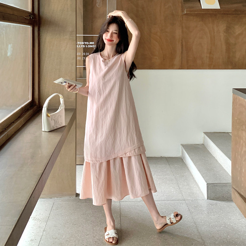 温柔风简约无袖连衣裙女2025夏季新款日系百搭休闲粉色假两件长裙,女装连衣裙,2C007