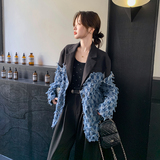 牛仔拼接西装外套女秋季2025新款气质小众高级感棋盘格流苏西服，女装西装，2C007