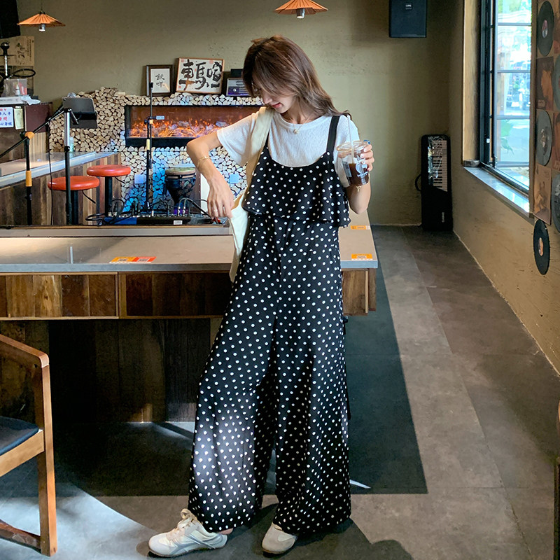 韩系少女波点背带裤套装女2025夏新款超好看小个子百搭连体阔腿裤,女装连体裤,2C007