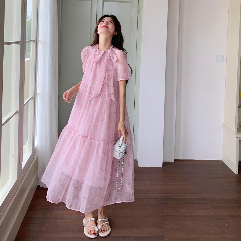 法式甜美温柔风系带连衣裙女2025夏季新款气质绝美超好看茶歇长裙,女装连衣裙,2C007