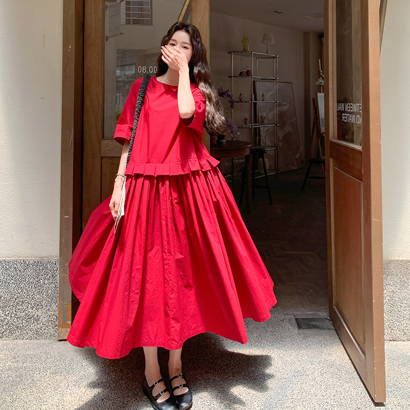 甜美复古浪漫风慵懒连衣裙女2025夏季日系简约花边拼接复古红长裙,女装连衣裙,2C007
