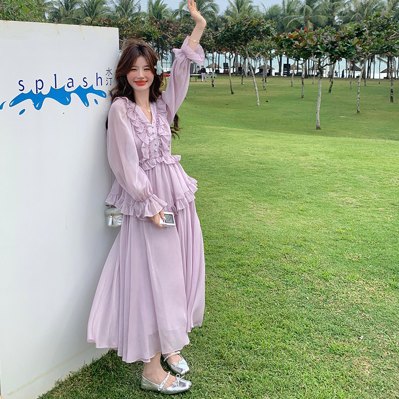 淡紫色荷叶边连衣裙女2025新款春季设计感减龄长袖百搭温柔风长裙,女装连衣裙,2C007