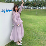 淡紫色荷叶边连衣裙女2025新款春季设计感减龄长袖百搭温柔风长裙，女装连衣裙，2C007