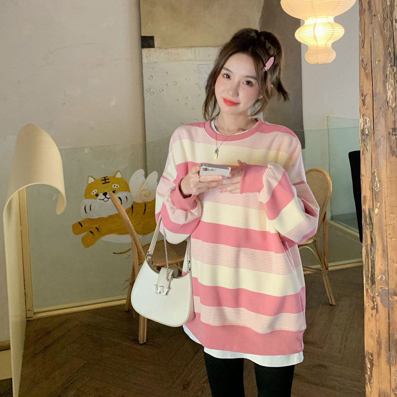 粉色条纹圆领套头卫衣女秋季2025新款小个子甜美洋气减龄休闲上衣,女装卫衣/绒衫,2C007