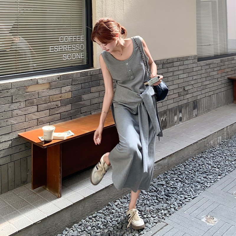 灰色假两件无袖连衣裙女2025夏季新款法式设计感休闲气质背心长裙图片
