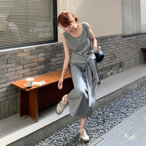 灰色假两件无袖连衣裙女2025夏季新款法式设计感休闲气质背心长裙图片