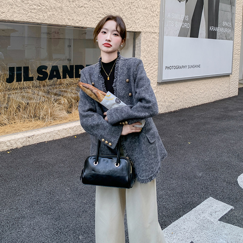 小香风灰色毛边毛呢外套女秋冬超火好看高级小众显瘦加厚呢子大衣,女装短外套,2C007