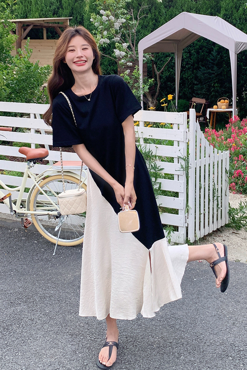 轻熟风短袖连衣裙2025新款女夏季黑色拼接撞色显瘦复古开叉鱼尾裙,女装连衣裙,2C007