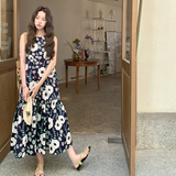 无袖大花朵印花背心裙女夏季202复古日系流行巨好看大方得体长裙，女装连衣裙，2C007