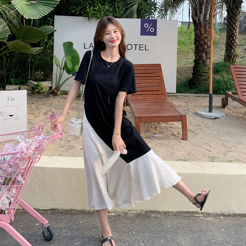 轻熟风短袖连衣裙2025新款女夏季黑色拼接撞色显瘦复古开叉鱼尾裙,女装连衣裙,2C007