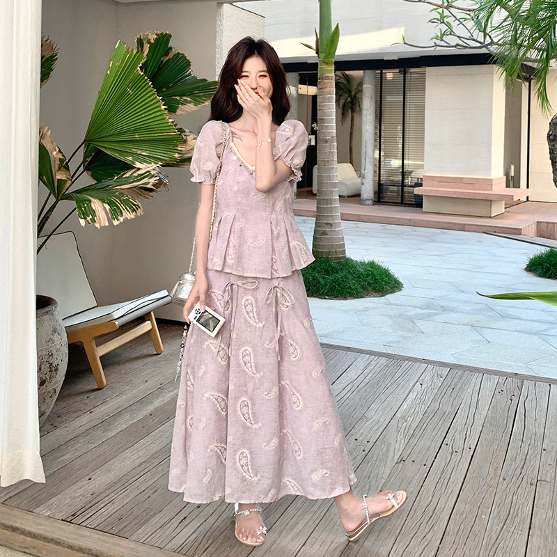 甜美浅紫色刺绣泡泡袖套装裙女夏季巨好看绝美漂亮半身裙两件套,女装套装/套裙,2C007