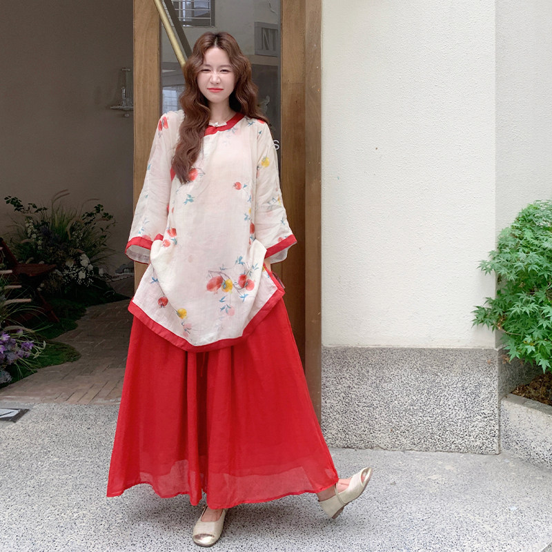 新中式国风套装女2025夏季新款复古印花短袖上衣高腰半身裙两件套,女装连衣裙,2C007