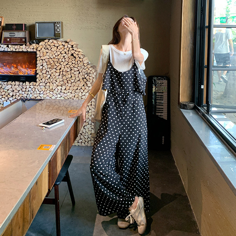 韩系少女波点背带裤套装女2025夏新款超好看小个子百搭连体阔腿裤,女装连体裤,2C007