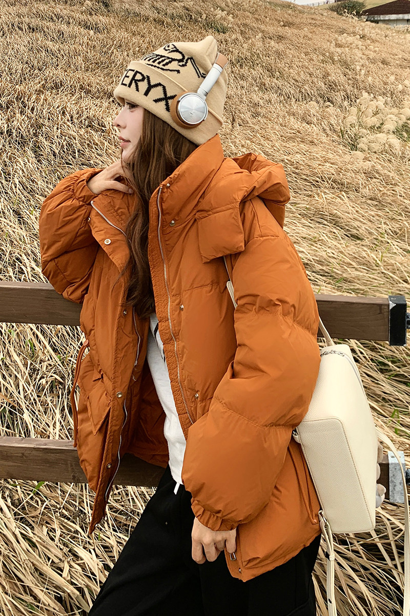橘色连帽短款羽绒服女2025冬季新款韩系小个子收腰保暖白鸭绒外套,女装羽绒服,2C007