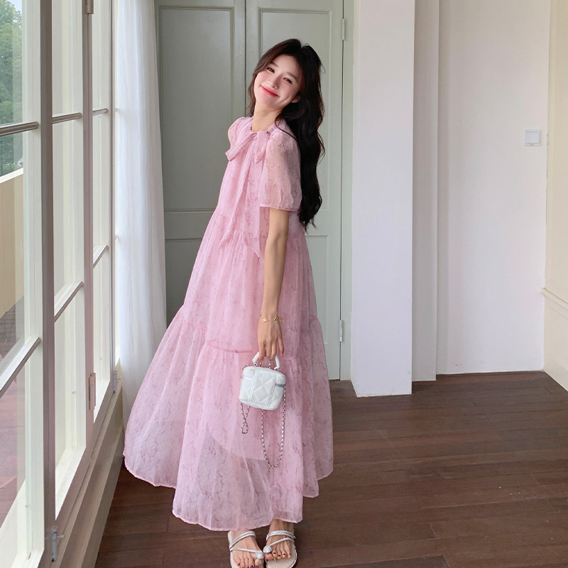 法式甜美温柔风系带连衣裙女2025夏季新款气质绝美超好看茶歇长裙,女装连衣裙,2C007