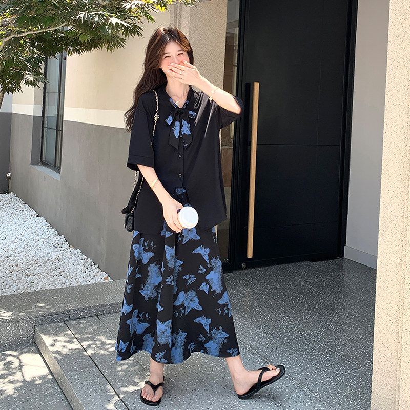 轻熟风韩系假两件上衣套装女夏季新款小个子显瘦印花阔腿裤两件套,女装套装/套裙,2C007