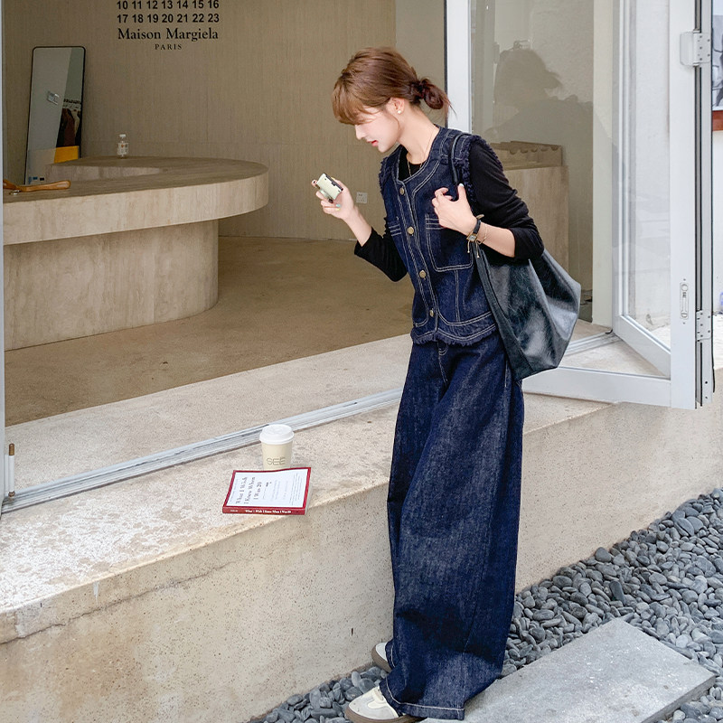 港风复古牛仔马甲阔腿裤套装女2025秋季新款高级感时尚休闲两件套,女装套装/套裙,2C007