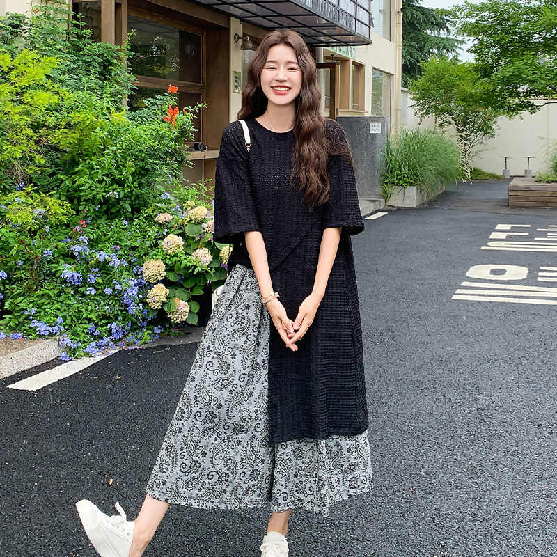 时尚套装女2025夏季新款小众高级感黑色针织上衣印花裤子两件套,女装连衣裙,2C007