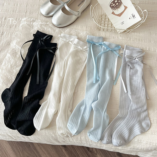 女童夏季薄款桑蚕丝蝴蝶结小腿袜