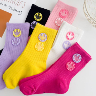 儿童袜子春秋款韩版双笑脸中筒袜男女童宝宝外穿洋气潮流运动棉袜