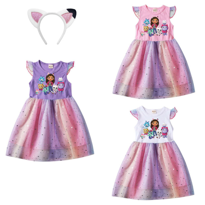 儿童生日派对连衣裙儿童夏季公主网纱盖比娃娃屋Gabbys连衣裙