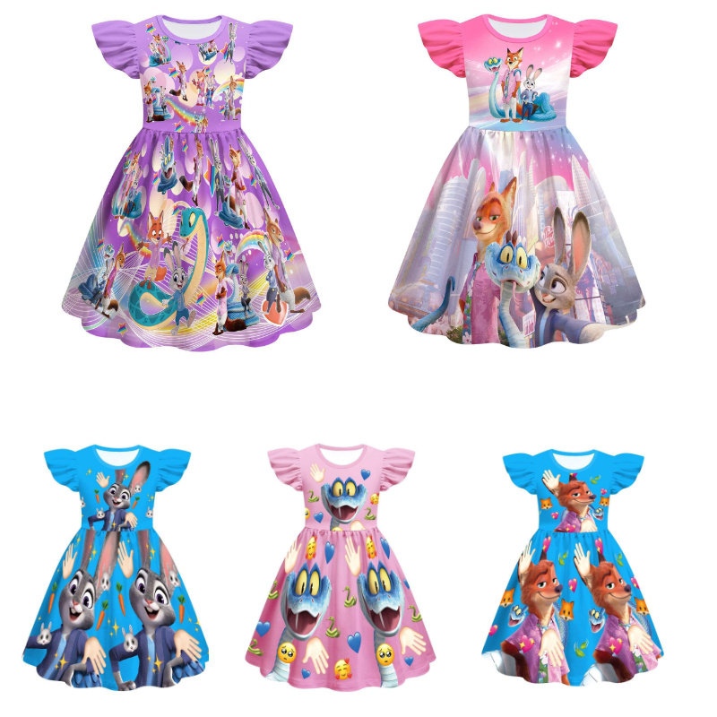疯狂动物城2Zootopia儿童公主裙女童连衣裙夏季飞袖卡通印花裙子