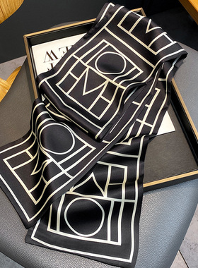 黑白色几何图形长条小丝巾女细窄高级感百搭配衬衫西装饰飘带领巾