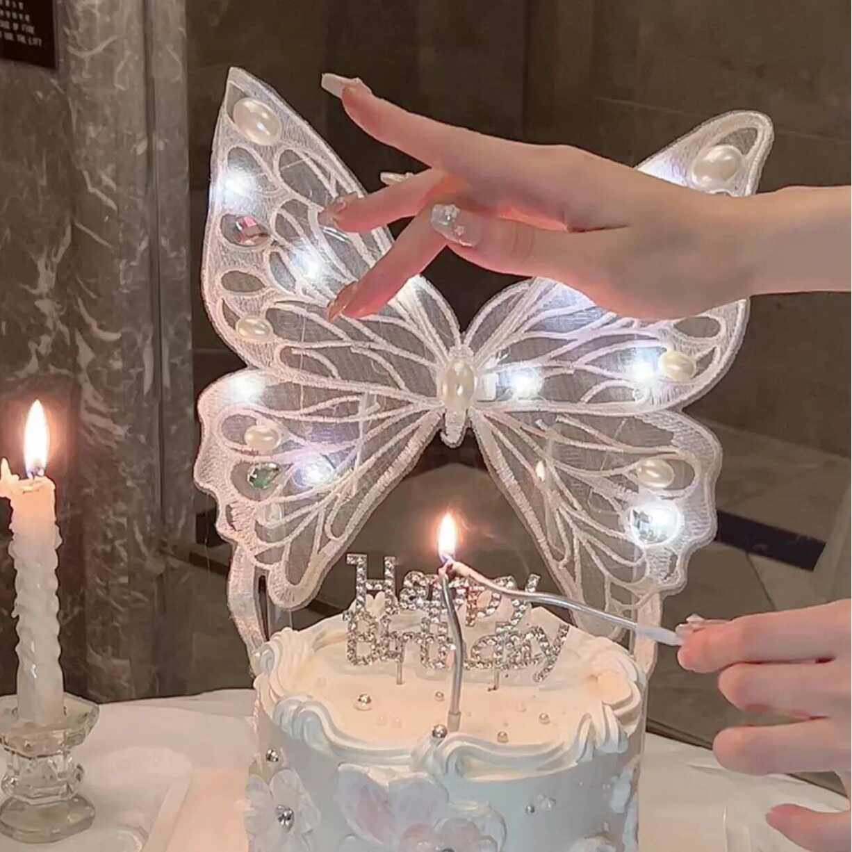 大发光蝴蝶蛋糕装饰摆件手工刺绣闪钻翅膀HB甜品台女生日唯美装扮