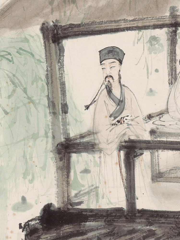 高清复刻傅抱石水阁围棋图国画禅意人物画对奕棋局艺术微喷装饰画