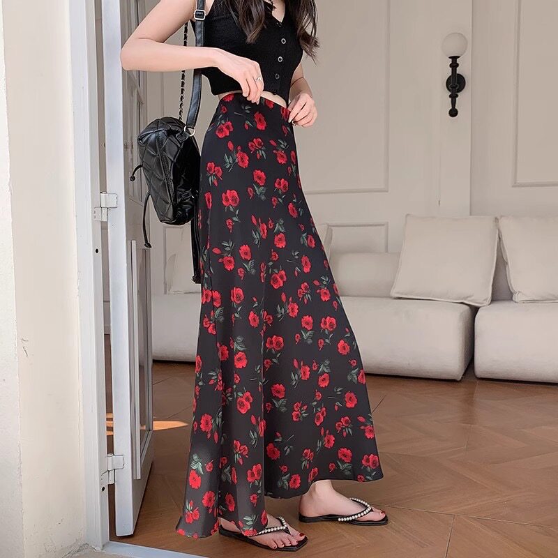 复古玫瑰碎花半身裙女高腰显瘦A字长裙垂坠感港风碎花侧开叉裙子
