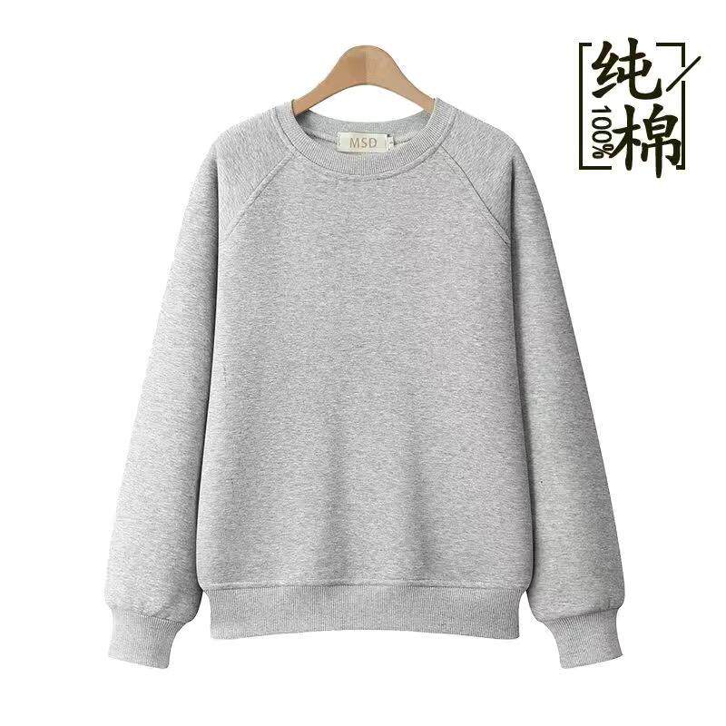 灰色复古韩版美式纯色无帽卫衣女100%纯棉秋冬新款加绒圆领上衣潮