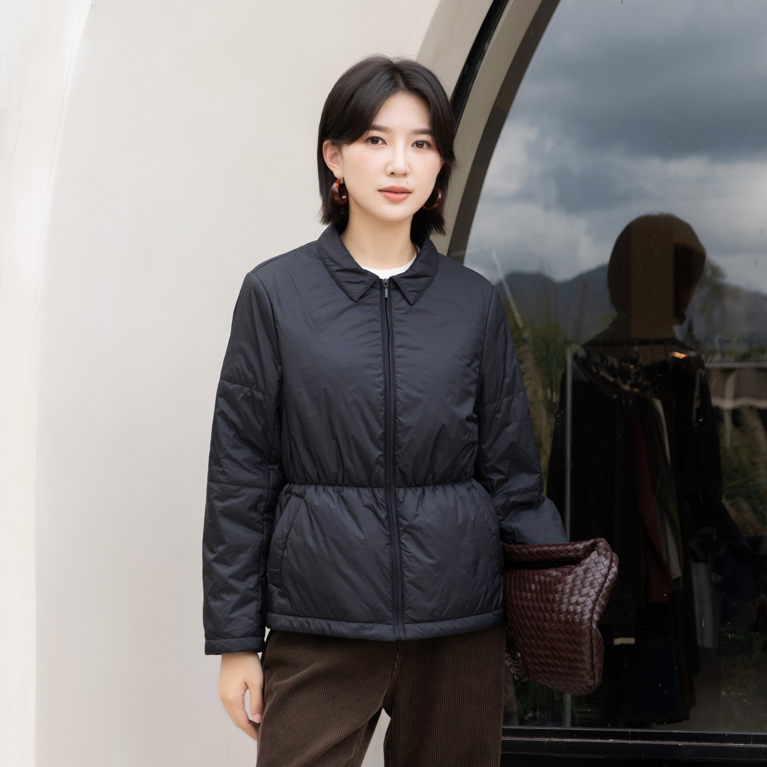 韫女装衬衫翻领短款女士棉衣外套