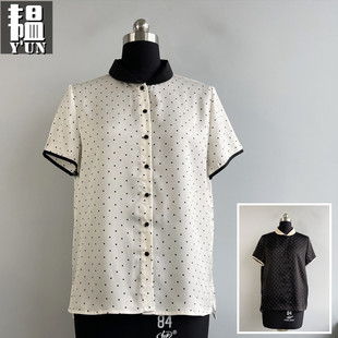 惠丨花图图夏季女装拼色翻领印花点点休闲宽松丝质雪纺短袖女衬衫