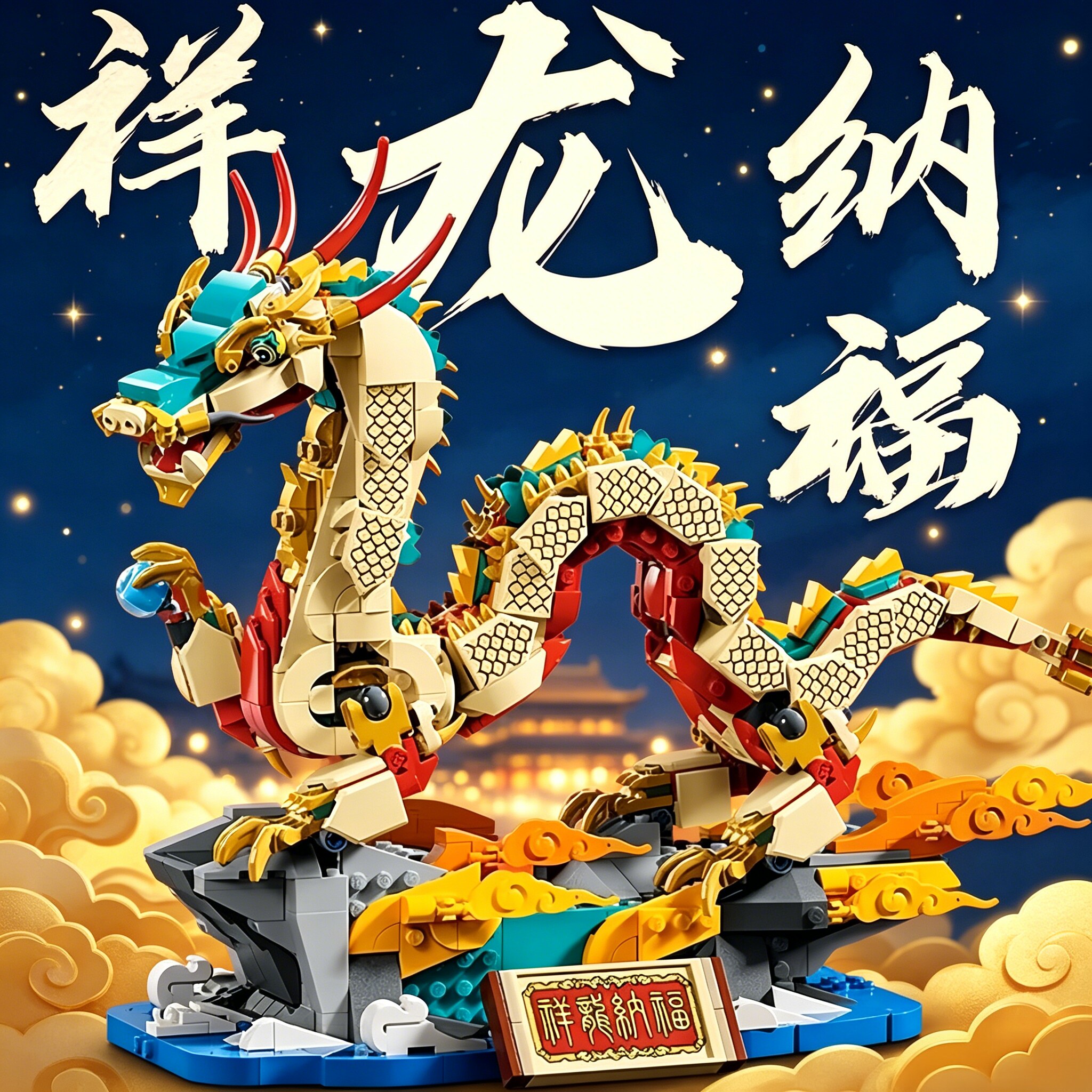 乐趣高祥龙纳福生肖中国龙主题摆件拼装玩具儿童益智模型积木礼物