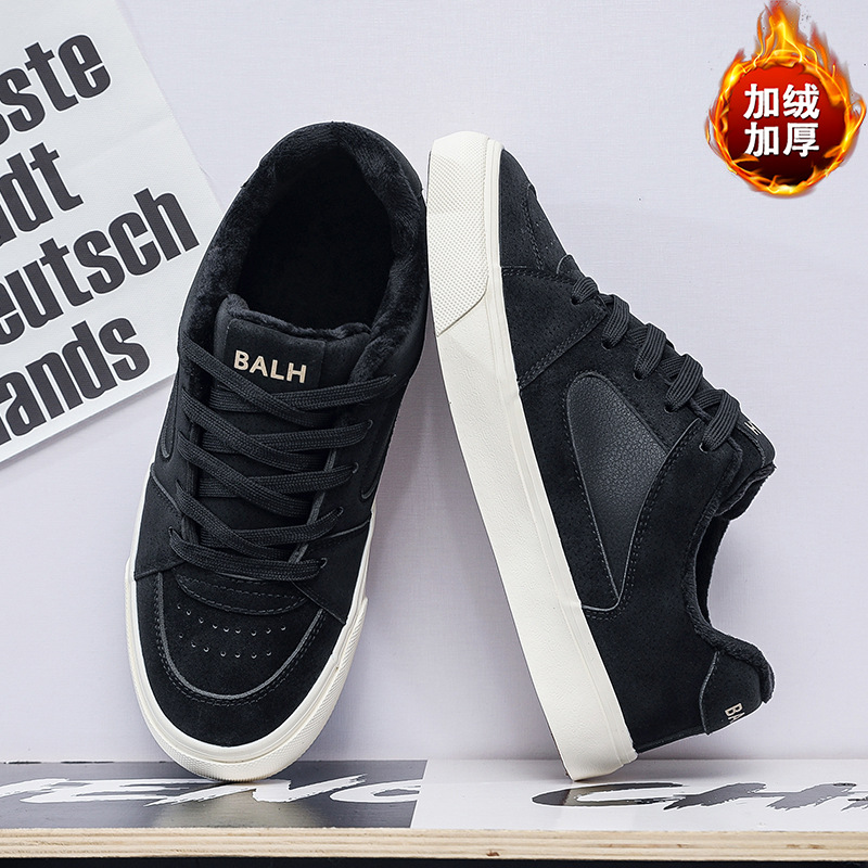 爆款加绒男士棉鞋小众设计纯色皮面板鞋休闲鞋男鞋面包鞋平底百搭