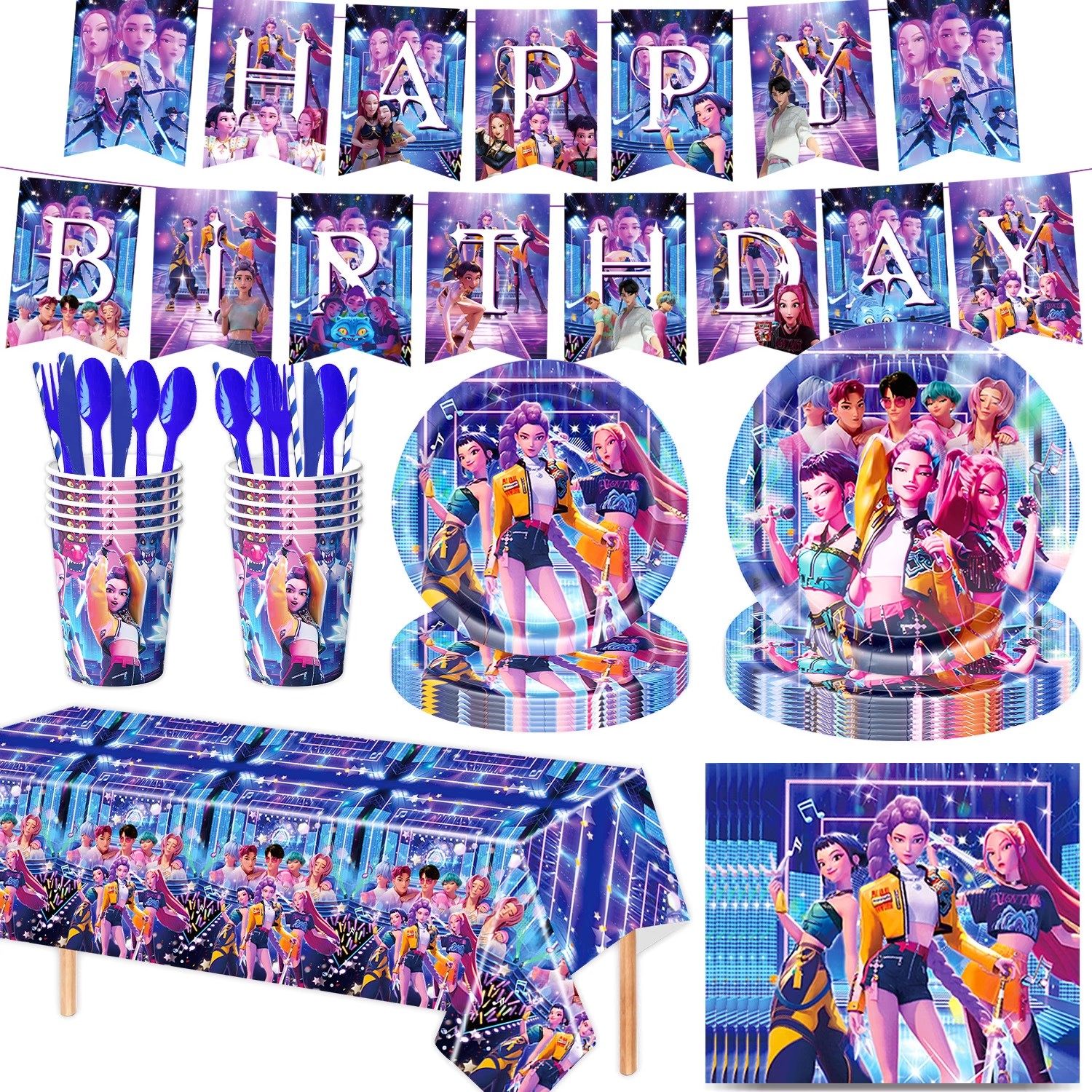动画K-POP猎魔女团主题女孩生日派对一次性桌布纸盘拉旗餐具用品,节庆用品/礼品,节日装扮用品,淘宝优惠券,粉丝福利购,淘宝优惠卷