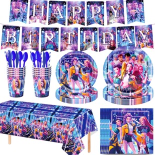 动画K-POP猎魔女团主题女孩生日派对一次性桌布纸盘拉旗餐具用品